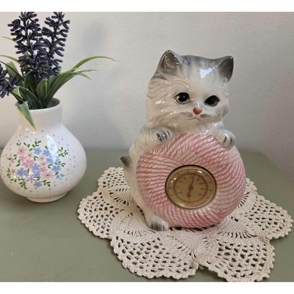 Vintage Japan Ceramic Cat Thermometer Pink Yarn Ball Kitten Kitsch Decor